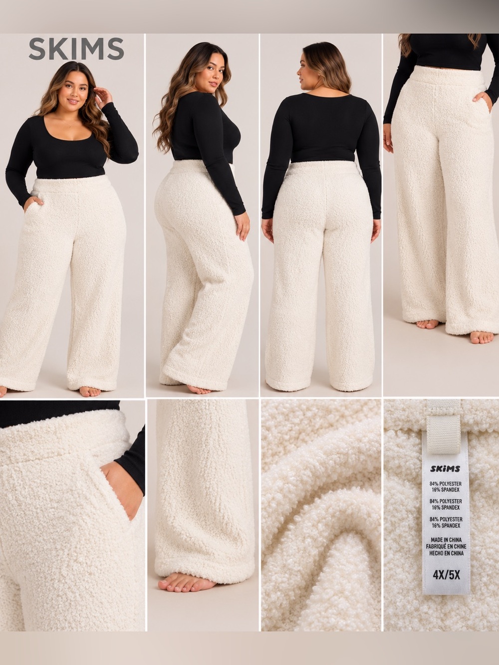 SKIMS Cozy Knit Ivory Wide Leg Lounge Pants 4X/5X NWT Plus Size
